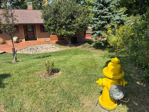 Maintained lawn and landscaped garden beds surrounding a residential property