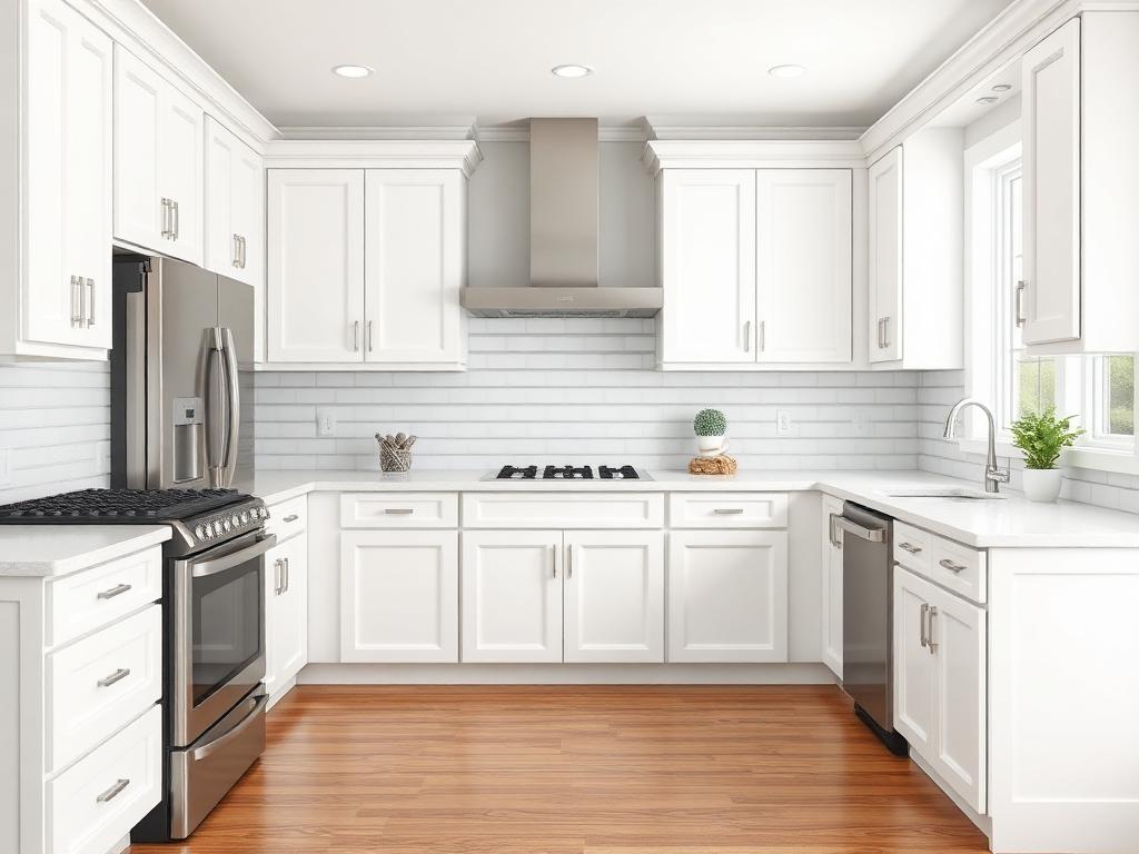 Remodeled residential kitchen with white cabinets and quartz countertops